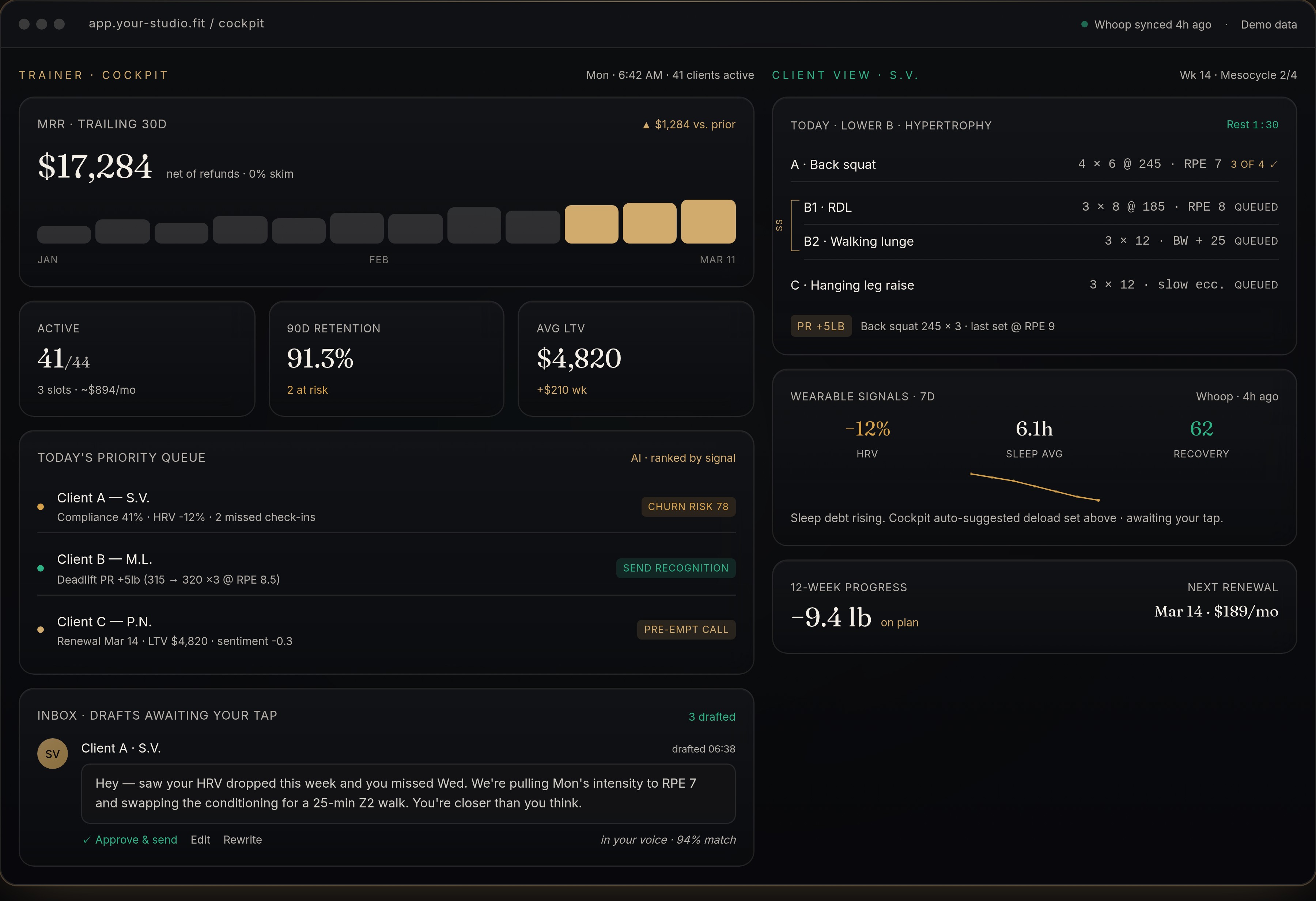FitnessTrainerOS cockpit dashboard — trainer and client view side-by-side