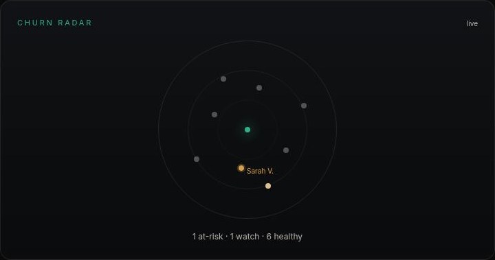 Churn radar — 1 client at risk, 1 watch, 6 healthy